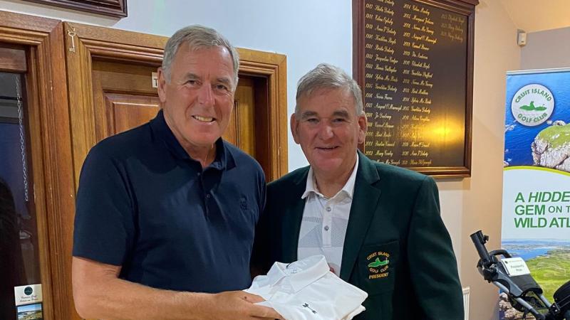 Ireland hero Packie Bonner picks up a prize at Cruit Island Golf Club