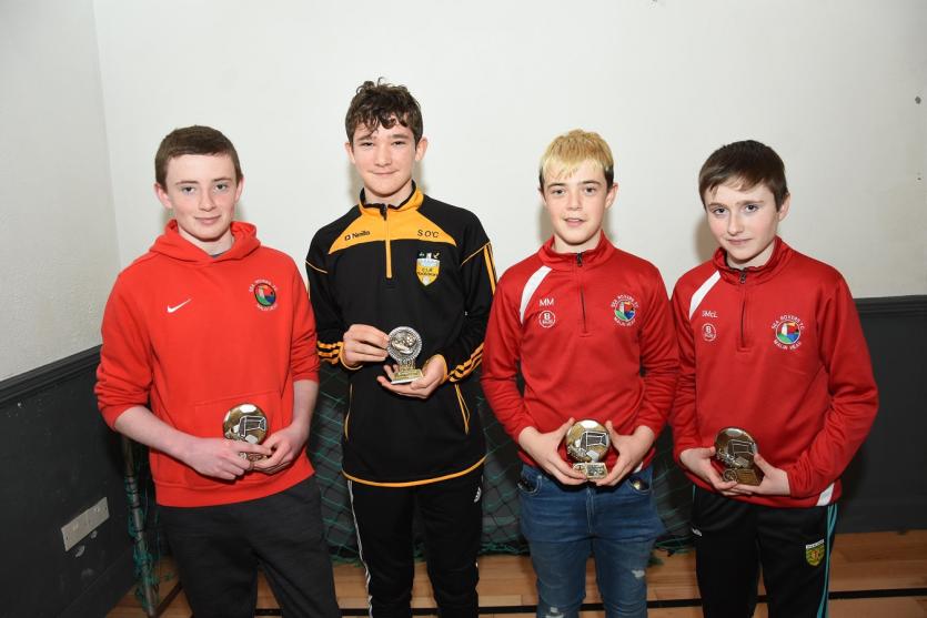 U14: Patrick McGonagle, Defender of the Year, Stephen O'Connor, Most Improved, Matthew Mooney, Midfielder of the Year, and Shane McLaughlin, Attacke