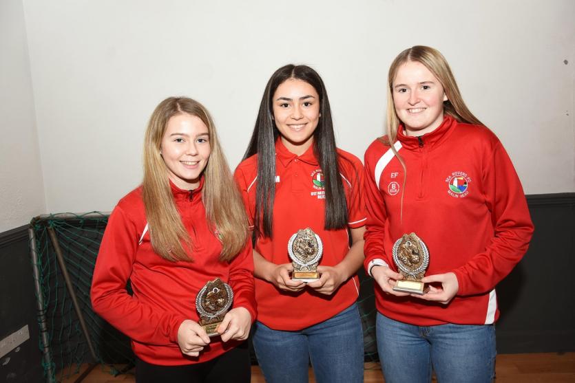 U16 girls- Kate Mc Callion, Defender of the Year, with Sophie Murphy and Erin Fildara, joint Attackers of the Year.