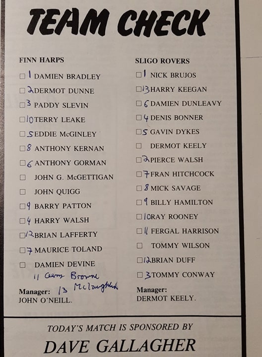 The teams from a match programme for a Finn Harps - Sligo Rovers game back in 1990